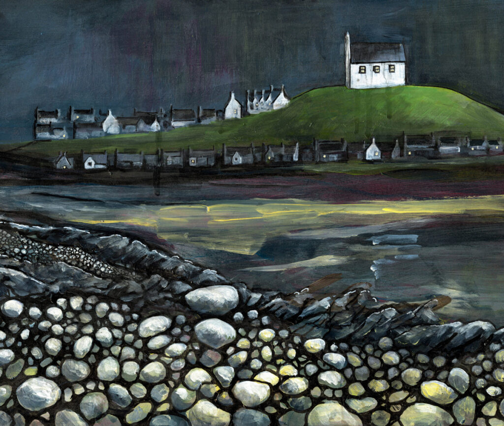 Northern Lights at Finechty, painting by Fiona J Billing Smith