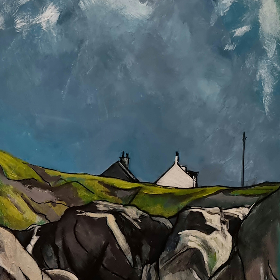 Portknockie from Green Castle, painting by Fiona J Billing Smith.